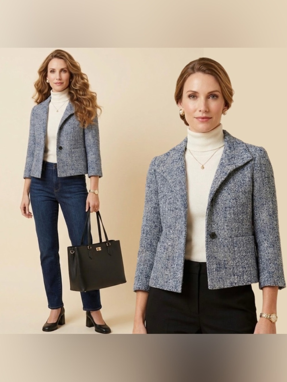 TAHARI Venetia Jacket Blue Boucle Tweed Cropped Blazer Quiet Luxury Old Money 6P